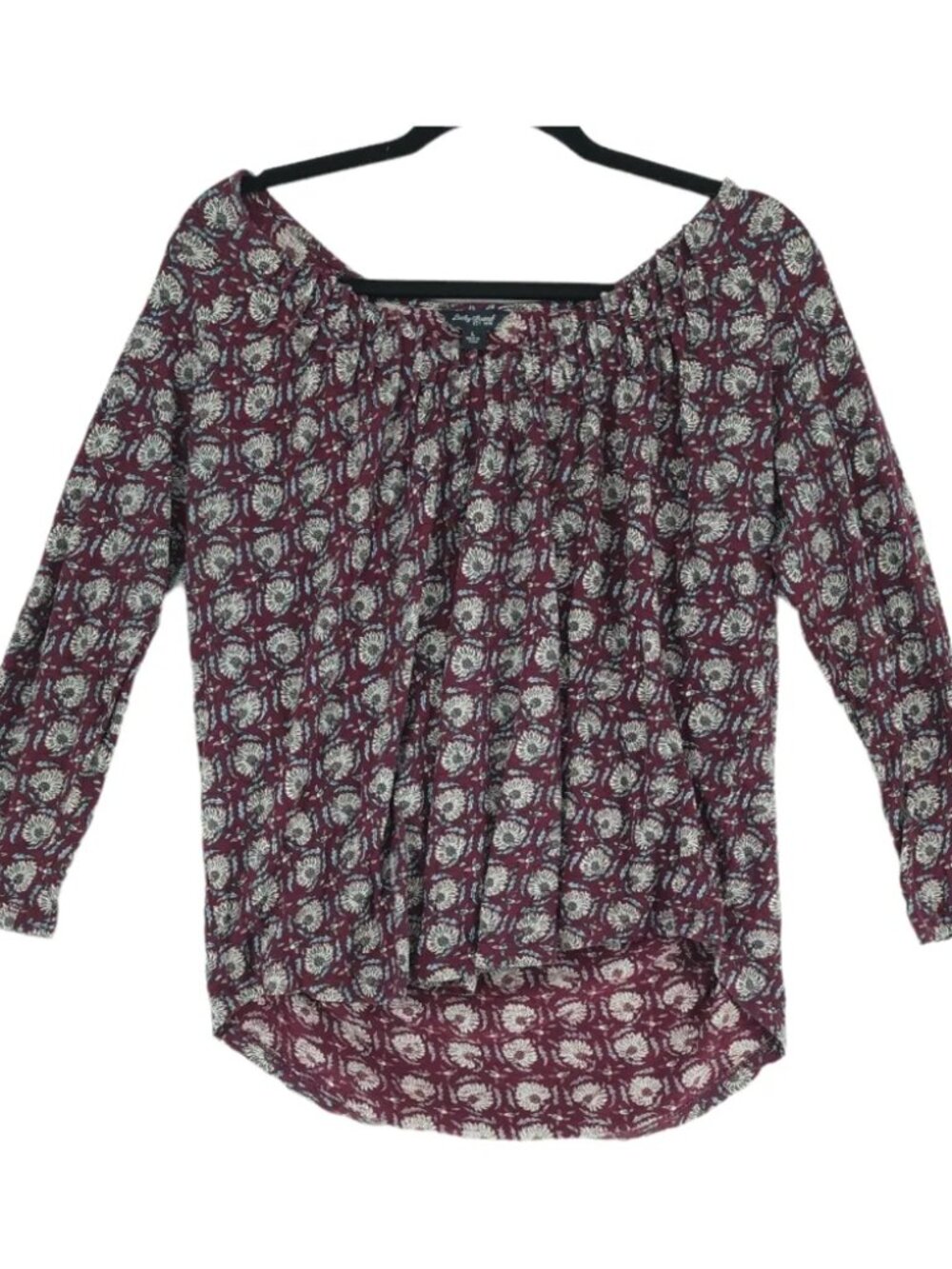 Lucky Brand Purple Floral Print Peasant Blouse Size Large Wide Pleated Neckline